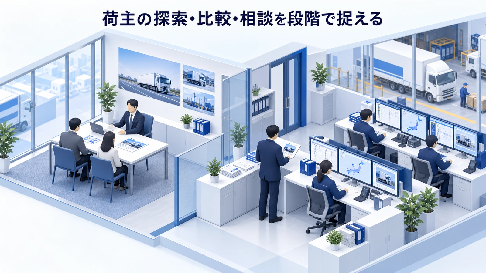「荷主の探索・比較・相談を段階で捉える」の要点を整理したImage 2.0図解