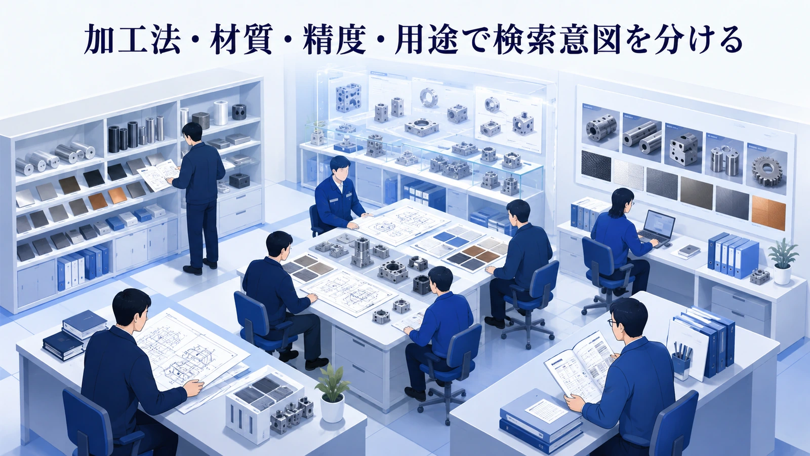 「加工法・材質・精度・用途で検索意図を分ける」の要点を整理したImage 2.0図解