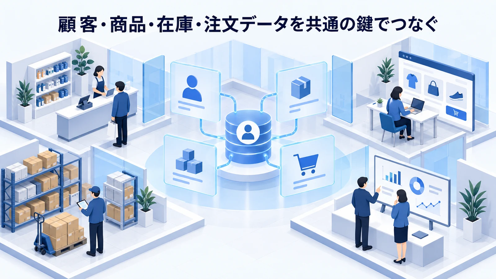 「顧客・商品・在庫・注文データを共通の鍵でつなぐ」の要点を整理したImage 2.0図解
