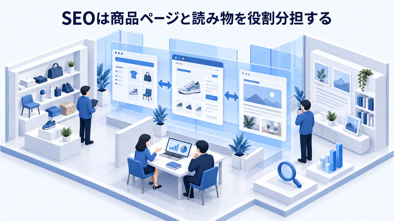 「SEOは商品ページと読み物を役割分担する」の要点を整理したImage 2.0図解