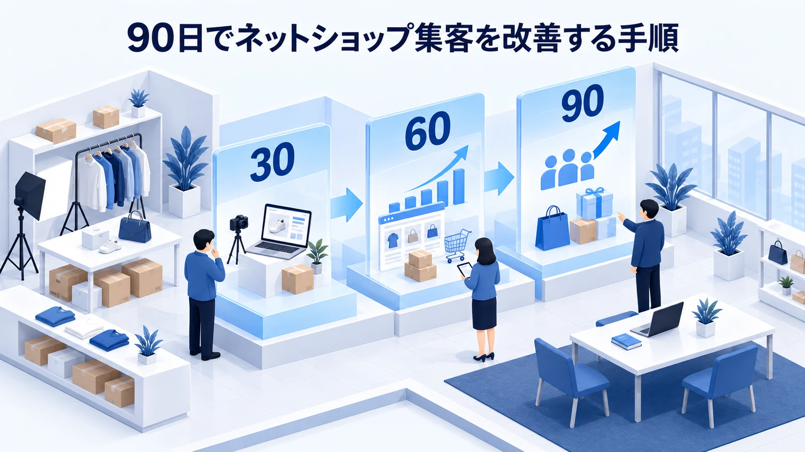 「90日でネットショップ集客を改善する手順」の要点を整理したImage 2.0図解