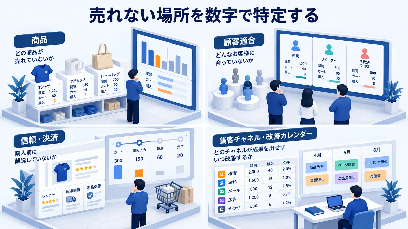 売れない場所を数字で特定するを確認する小規模ネットショップ運営者のImage 2.0図解