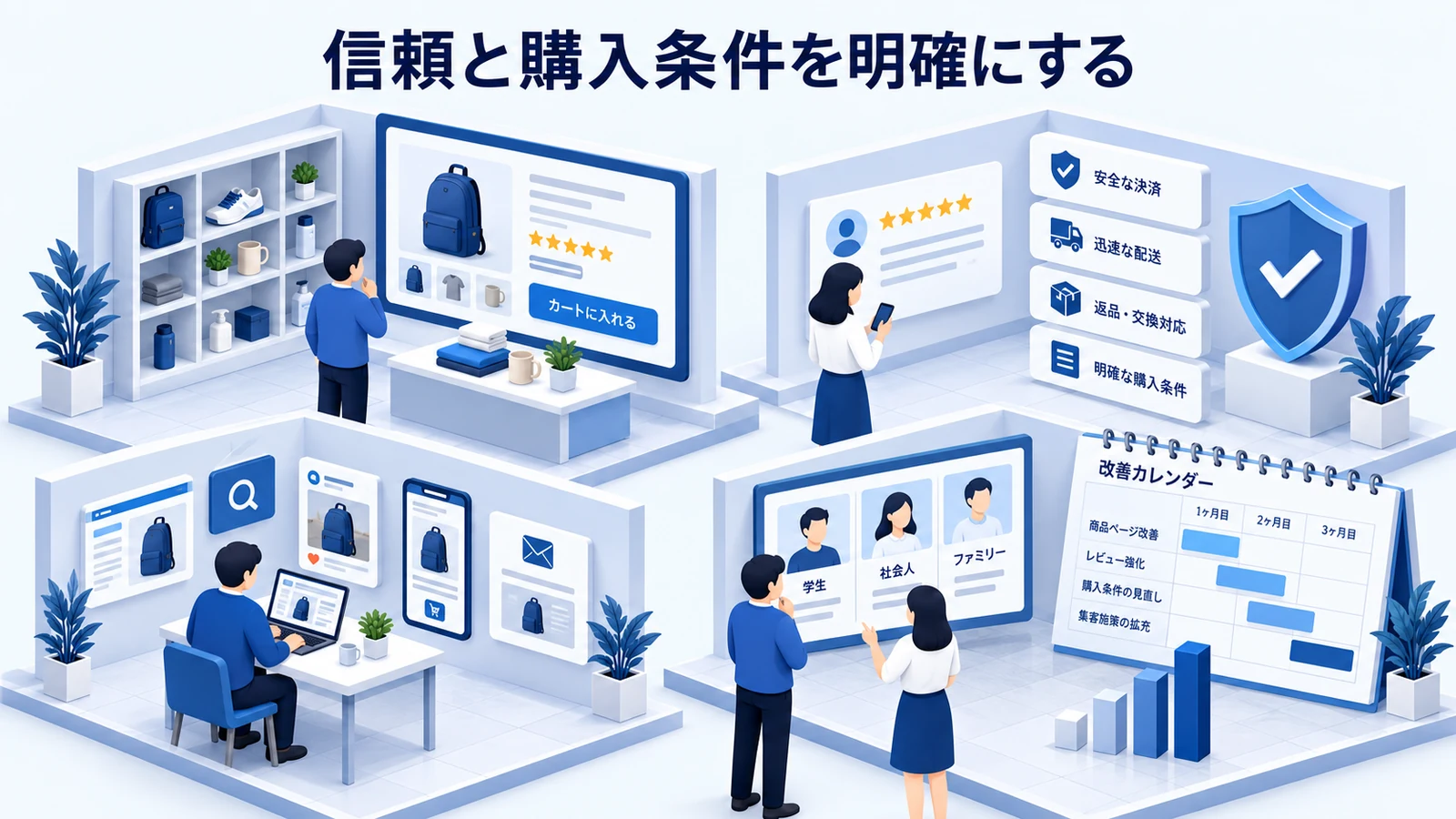 信頼と購入条件を明確にするを確認する小規模ネットショップ運営者のImage 2.0図解