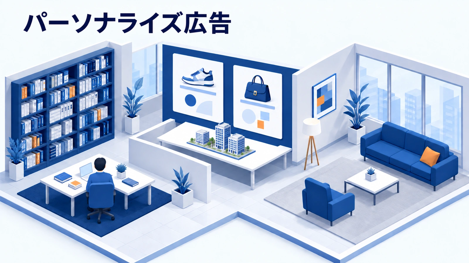 パーソナライズ広告を表した青白のアイソメトリック画像