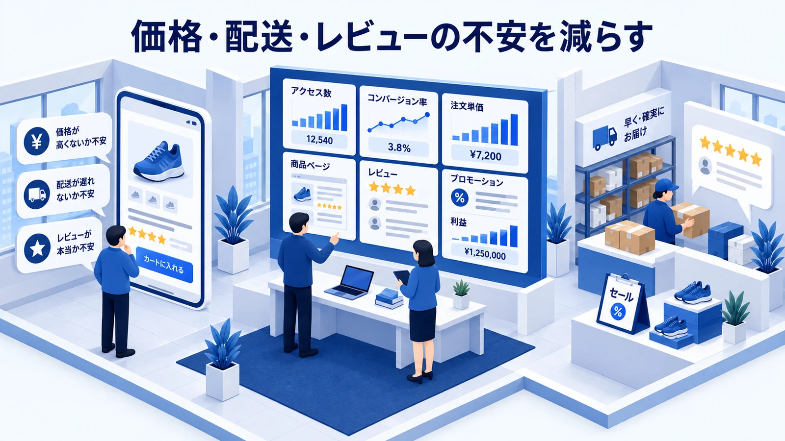 価格・配送・レビューの不安を減らすを確認する楽天市場の店舗運営者のImage 2.0図解