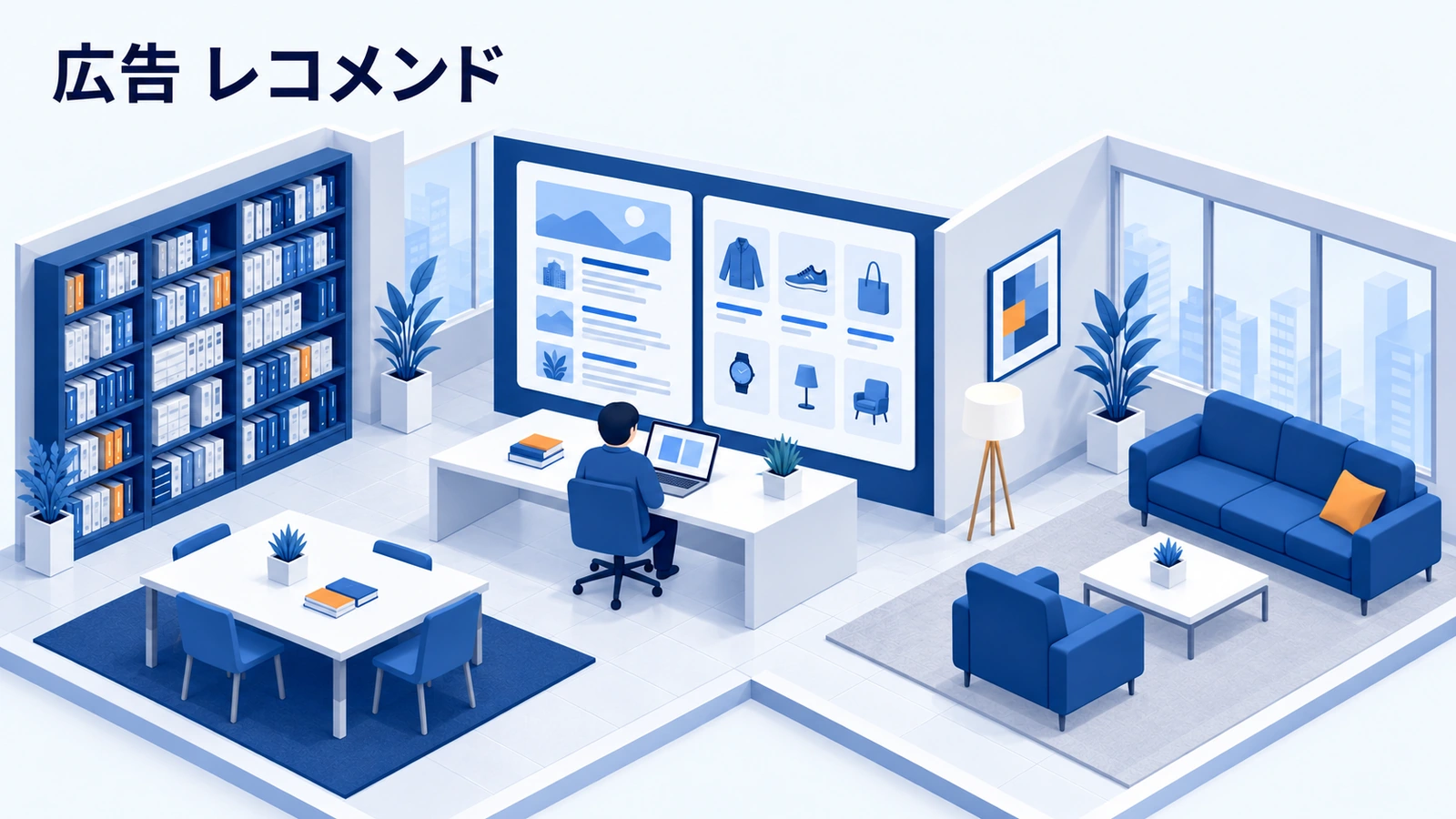 広告 レコメンドを表した青白のアイソメトリック画像