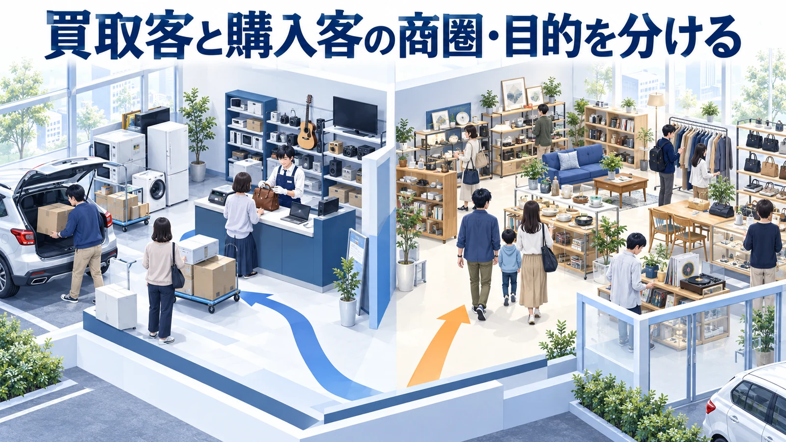 買取客と購入客の商圏・目的を分けるを整理したImage 2.0図解