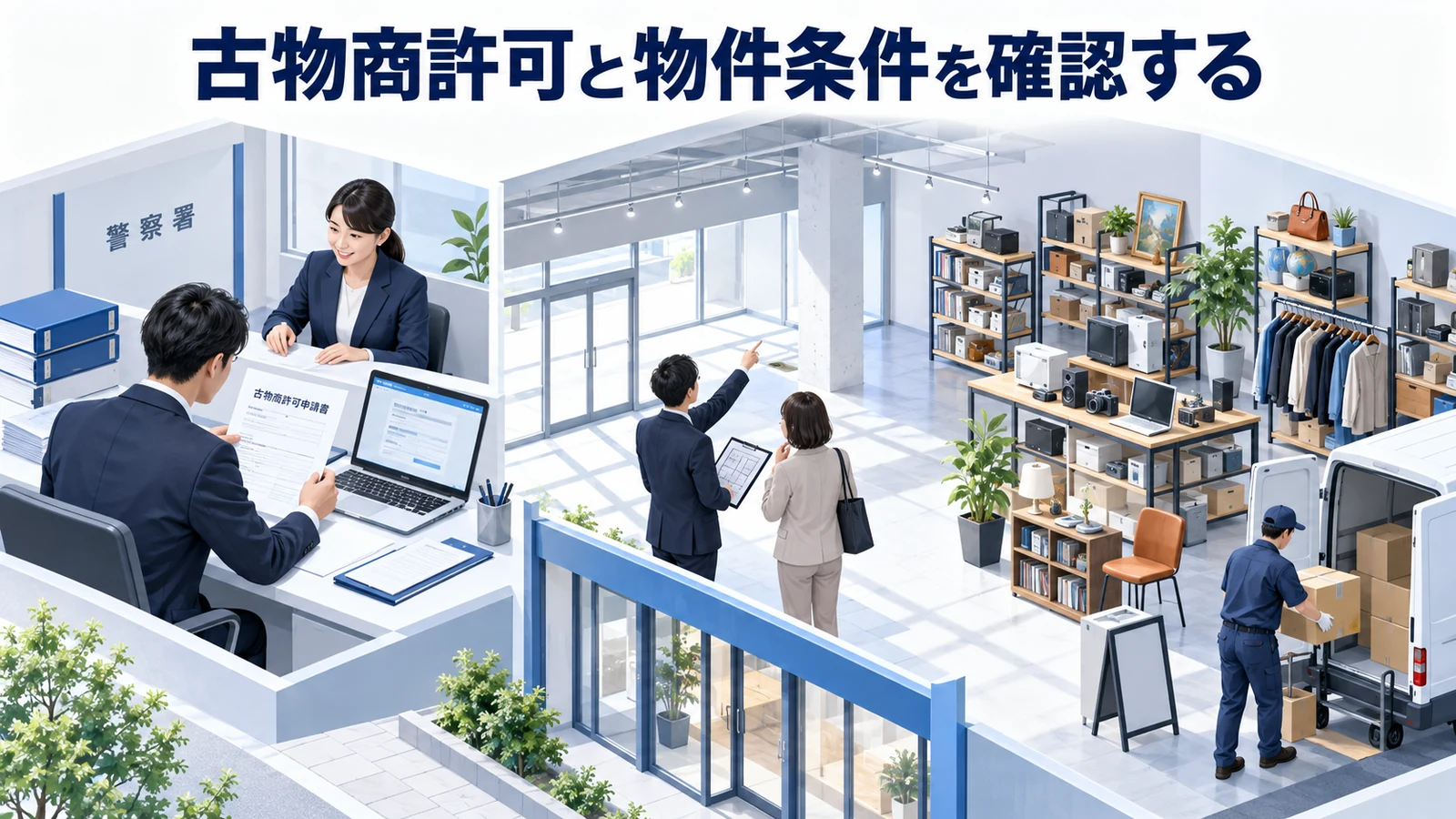 古物商許可と物件条件を確認するを整理したImage 2.0図解
