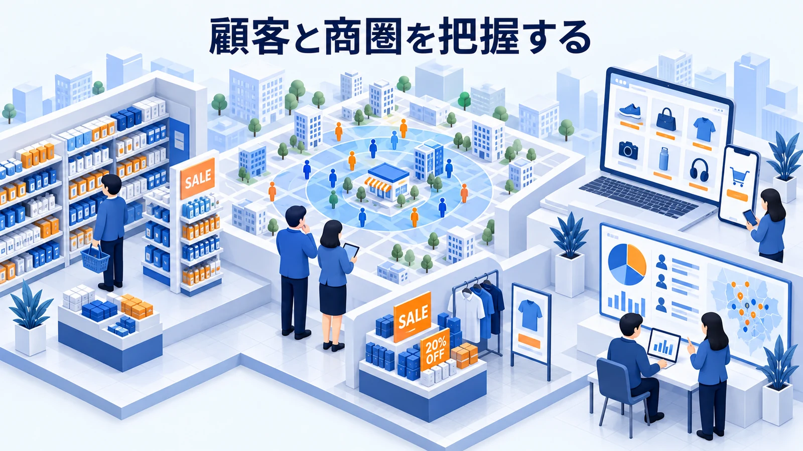 顧客と商圏を把握するを確認する小売事業者の企画担当者のImage 2.0図解