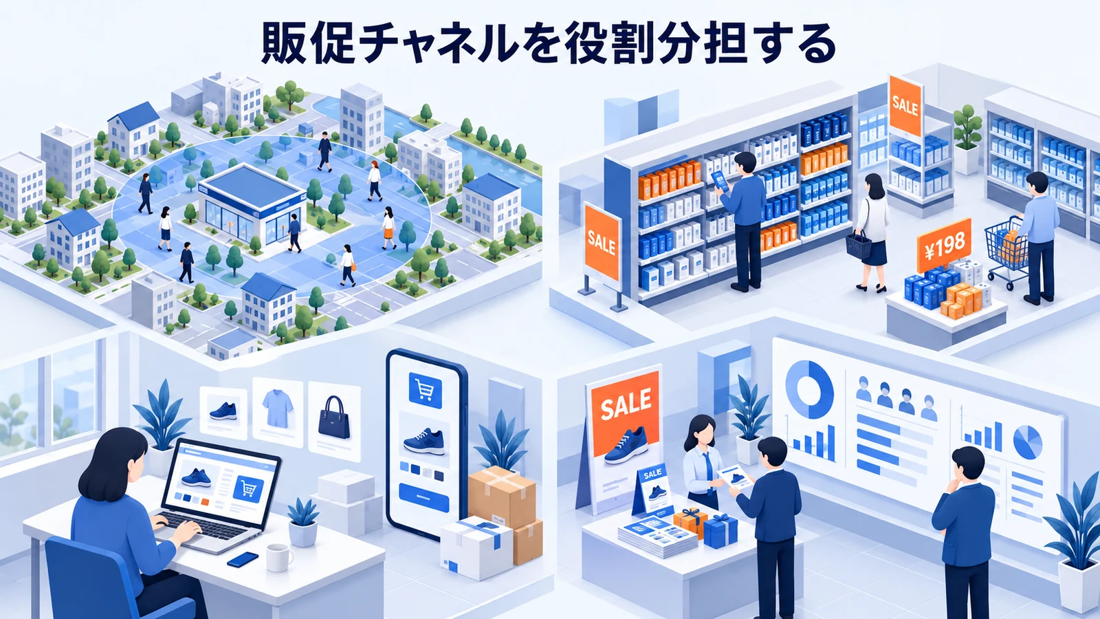 販促チャネルを役割分担するを確認する小売事業者の企画担当者のImage 2.0図解