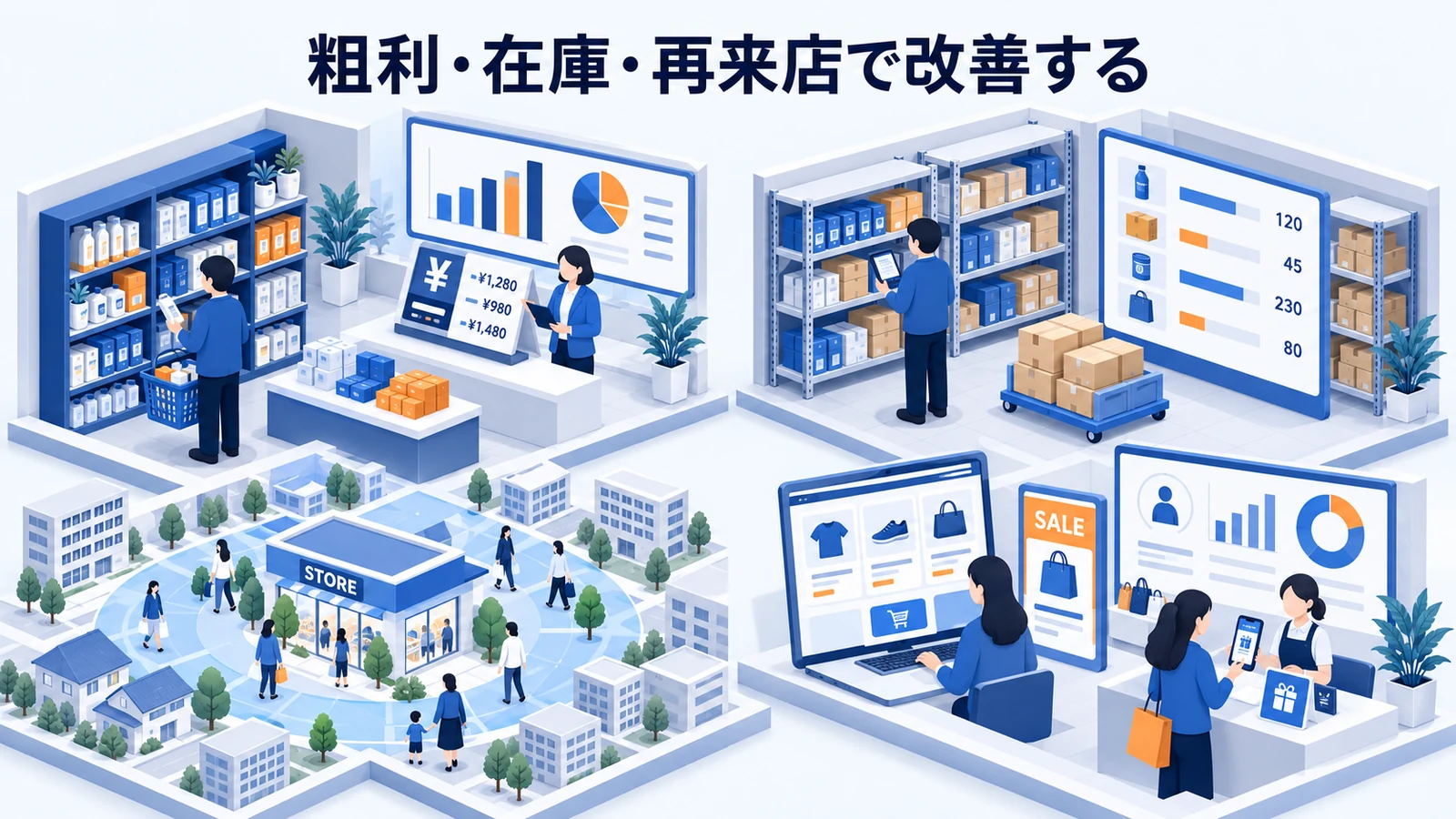 粗利・在庫・再来店で改善するを確認する小売事業者の企画担当者のImage 2.0図解