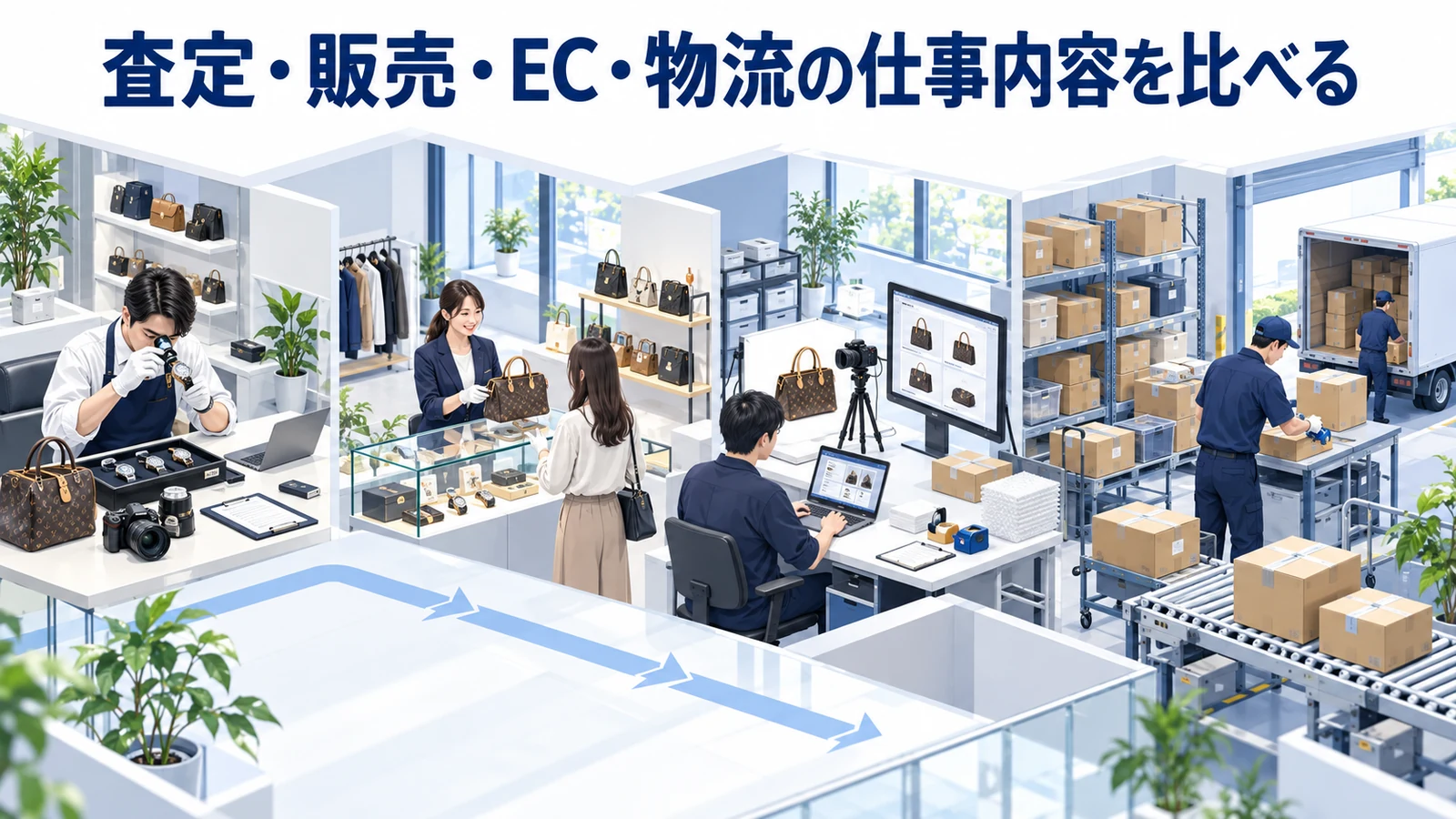査定・販売・EC・物流の仕事内容を比べるを整理したImage 2.0図解