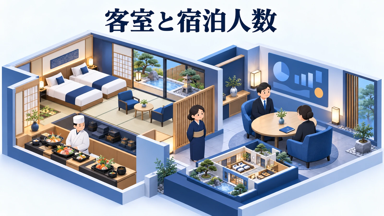 旅館経営では客室稼働率と宿泊人数を別々に見るの図解