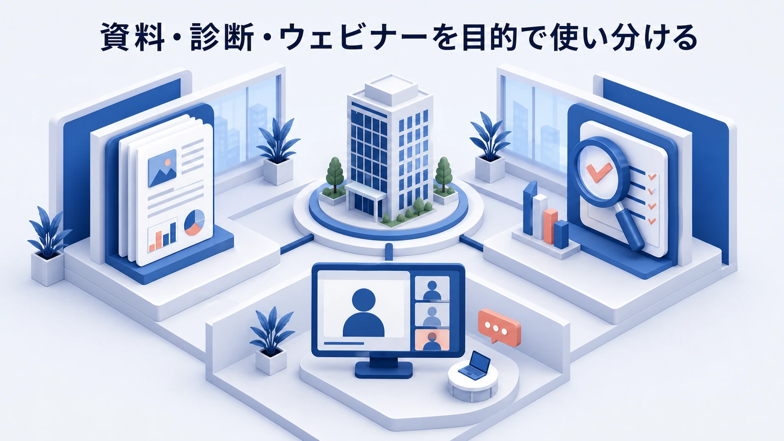 「資料・診断・ウェビナーを目的で使い分ける」の要点を整理したImage 2.0図解