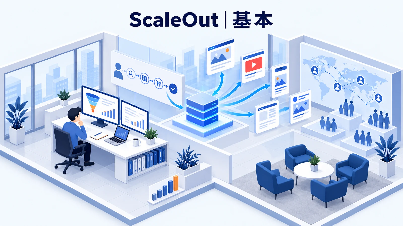 ScaleOutとは？現在の役割を解説する青白のアイソメトリック図