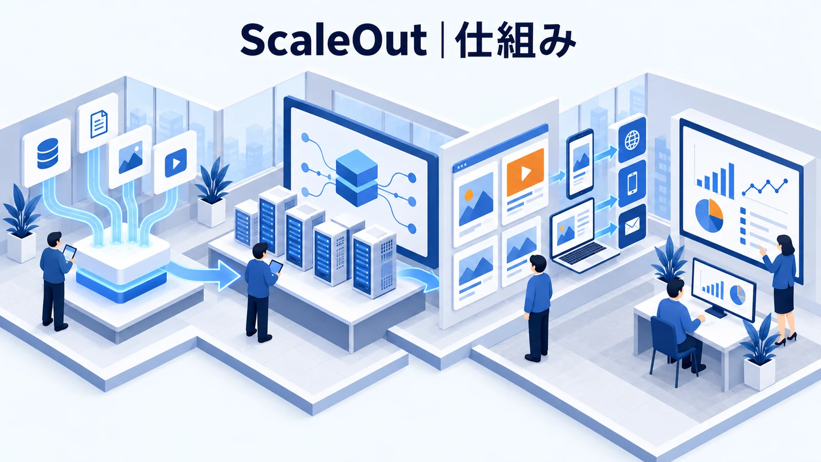 ScaleOutの仕組みと実務上の注意点を解説する青白のアイソメトリック図