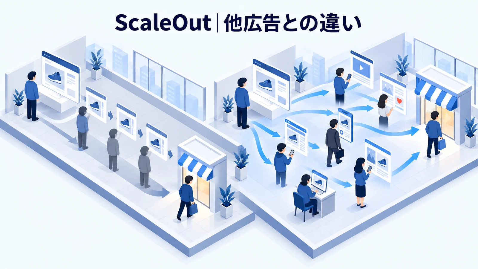 ScaleOutとリターゲティング・他の広告の違いを解説する青白のアイソメトリック図