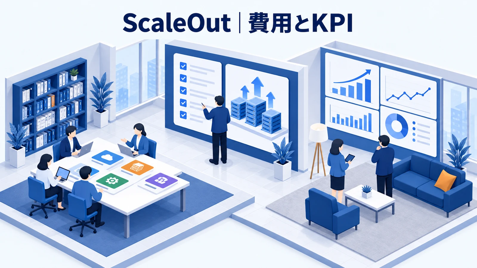 ScaleOutの費用・導入手順・KPIを解説する青白のアイソメトリック図