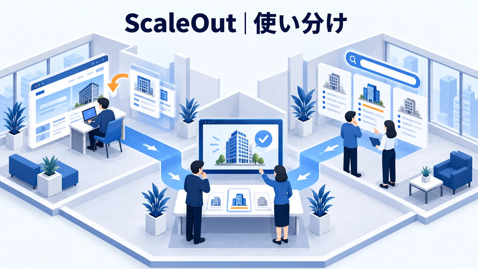 ライバルマーケティング広告との使い分け・FAQを解説する青白のアイソメトリック図