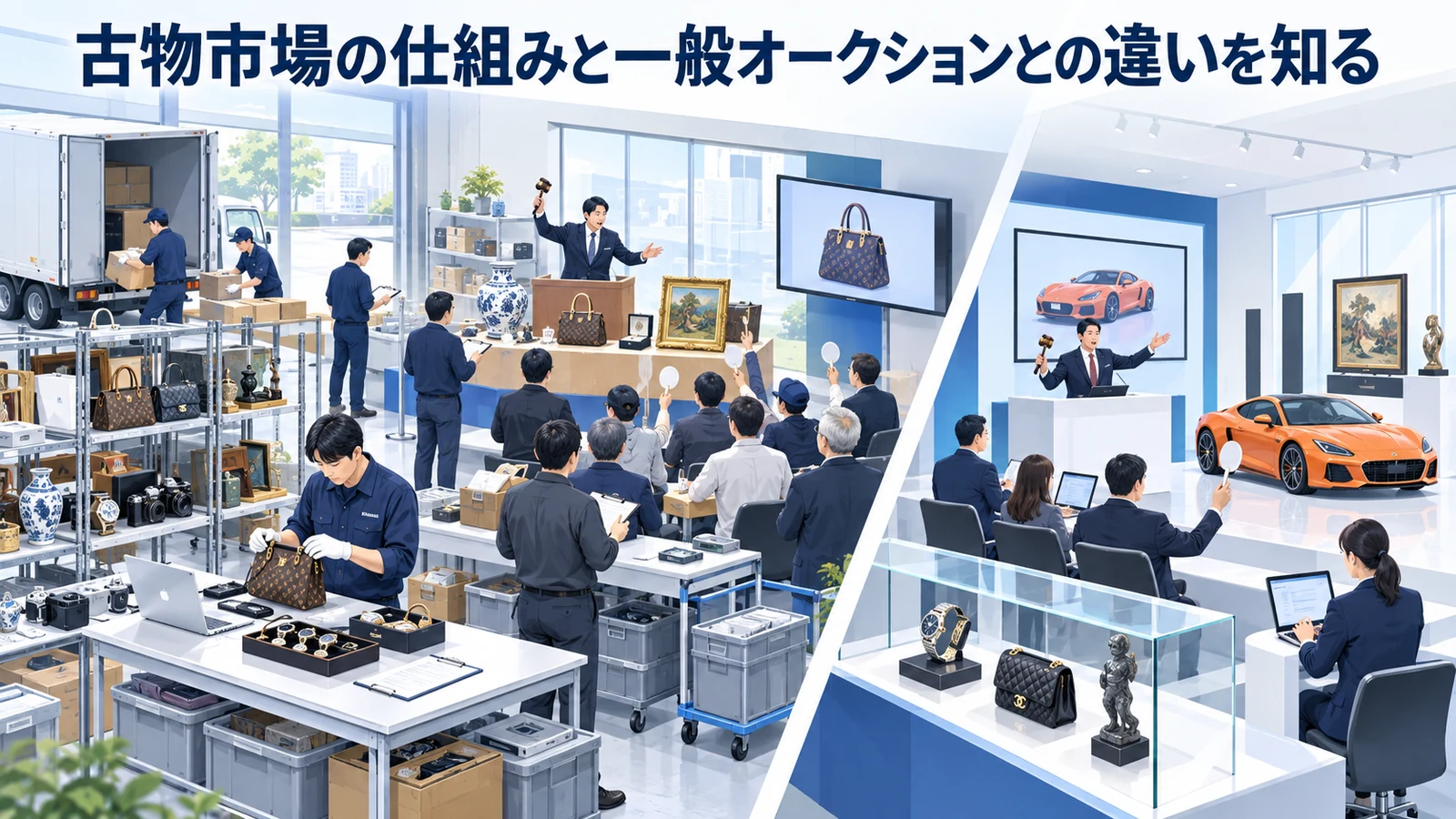 古物市場の仕組みと一般オークションとの違いを知るを整理したImage 2.0図解