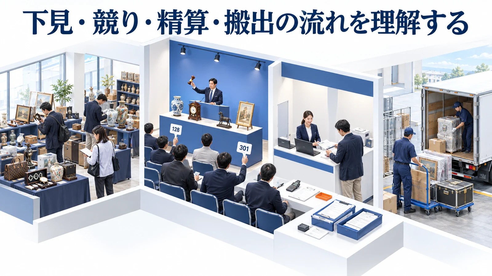下見・競り・精算・搬出の流れを理解するを整理したImage 2.0図解
