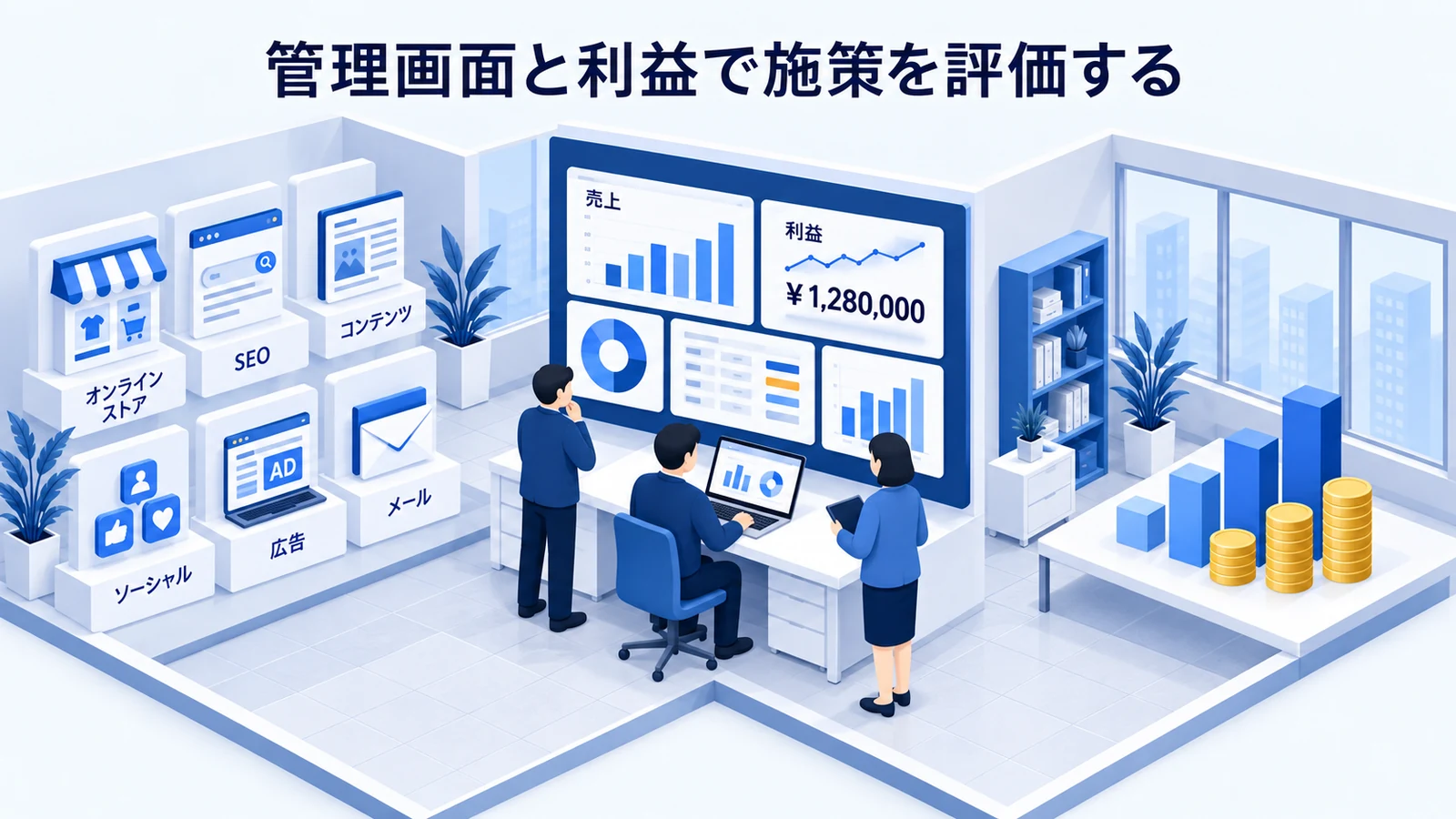 管理画面と利益で施策を評価するを確認するShopifyストア運営者のImage 2.0図解