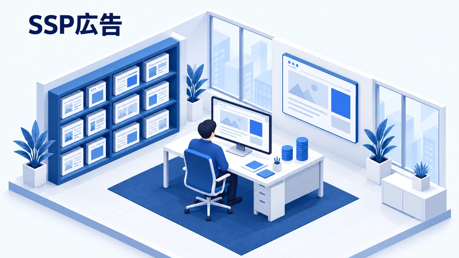 SSP広告を表した青白のアイソメトリック画像