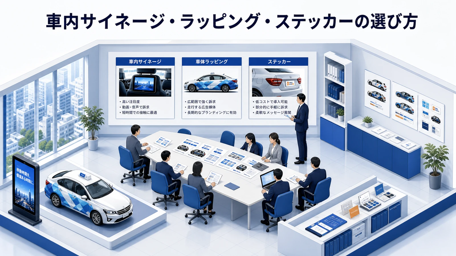 車内サイネージ・ラッピング・ステッカーの選び方を示すタクシー広告運用設計
