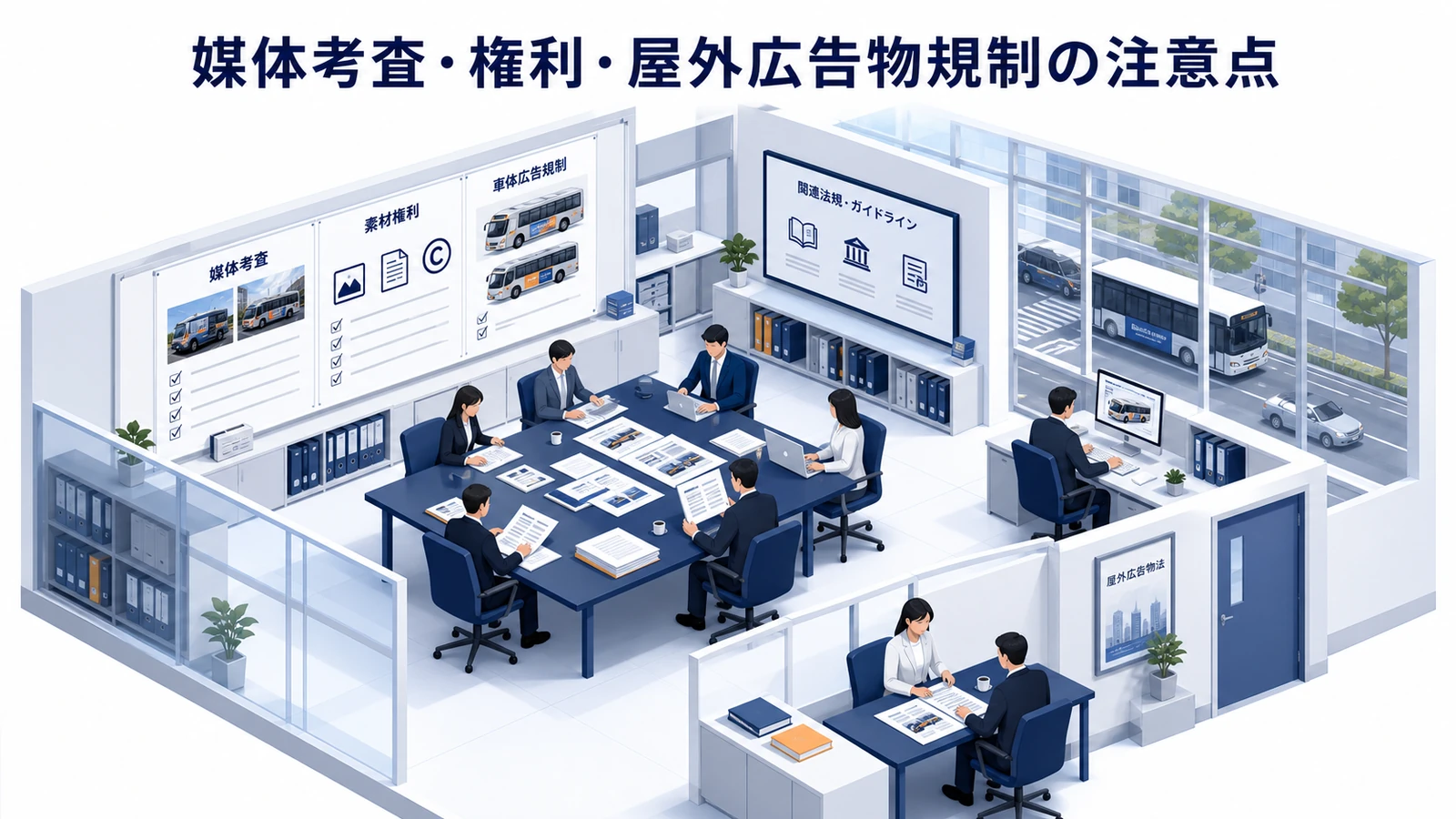 媒体考査・権利・屋外広告物規制の注意点を示すタクシー広告運用設計