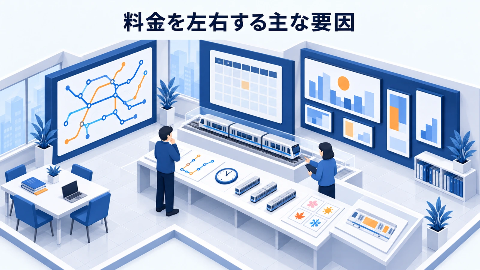 路線、期間、面、枚数、時期、指定条件が価格へ与える影響を見ます。