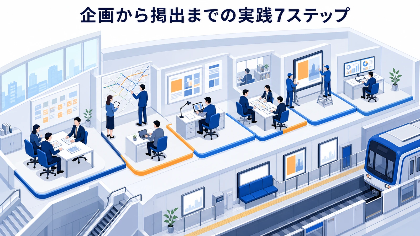 企画から掲出までの実践7ステップを示す交通広告設計