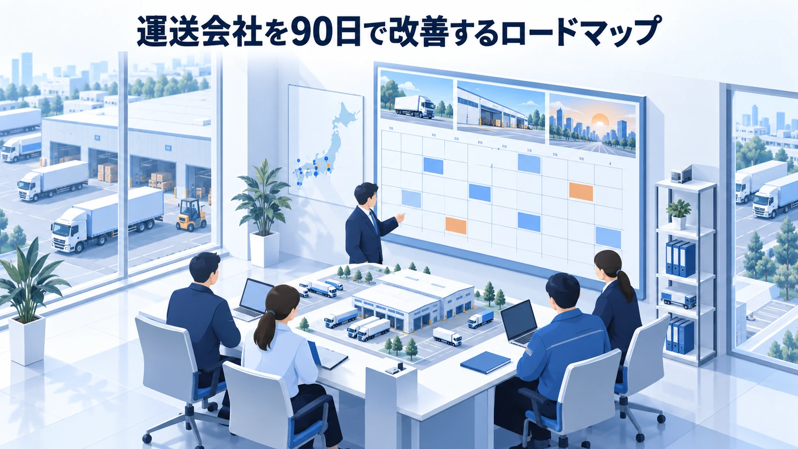 「運送会社を90日で改善するロードマップ」の要点を整理したImage 2.0図解