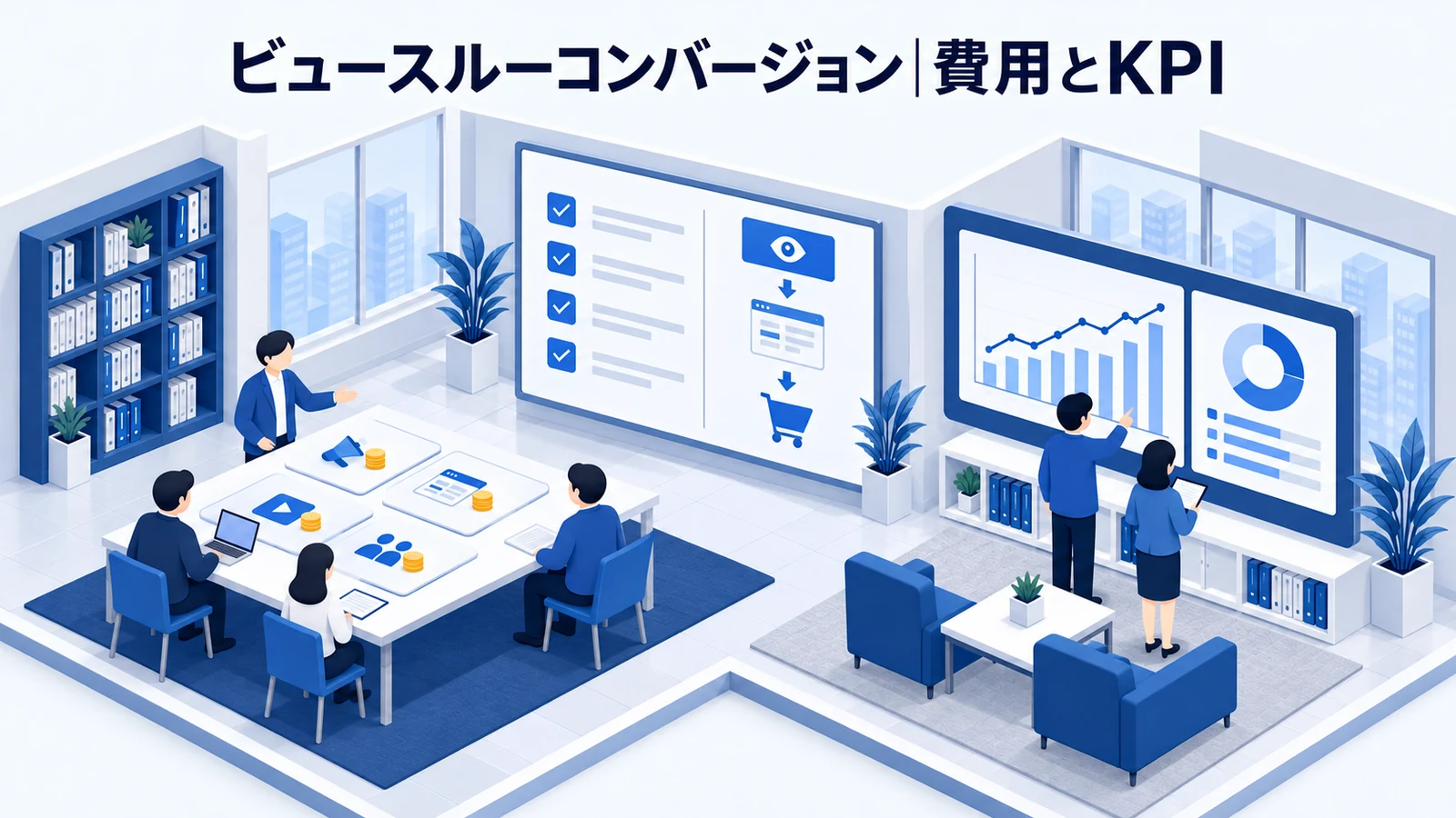 ビュースルーコンバージョンの費用・導入手順・KPIを解説する青白のアイソメトリック図