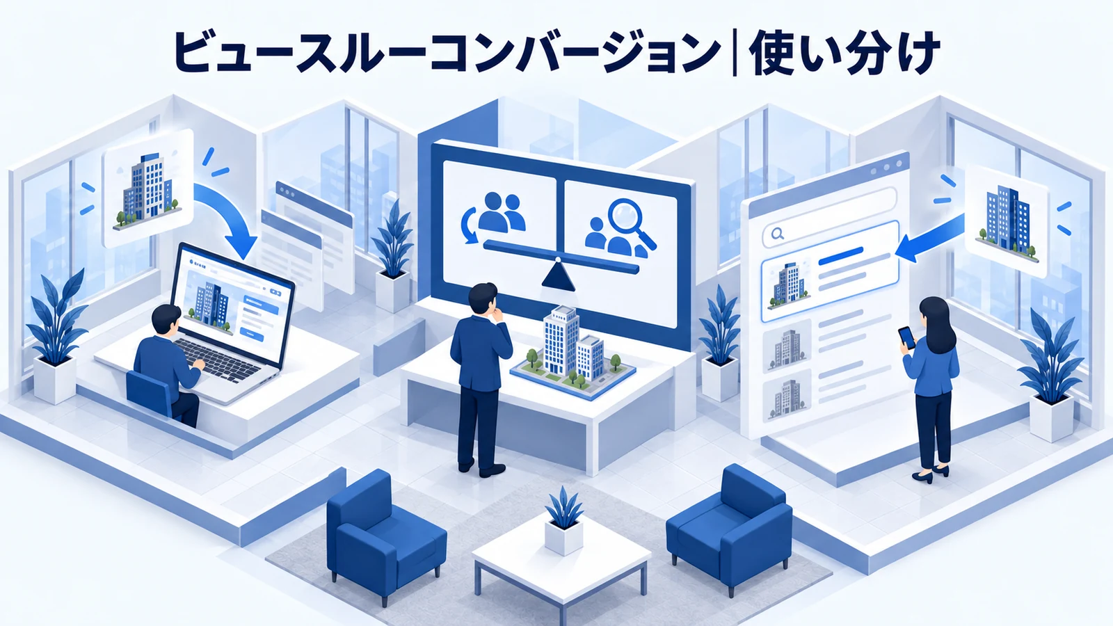 ライバルマーケティング広告との使い分け・FAQを解説する青白のアイソメトリック図