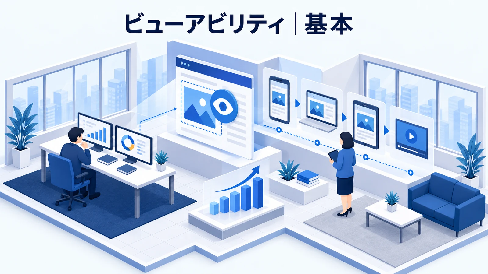 ビューアビリティとは？現在の役割を解説する青白のアイソメトリック図
