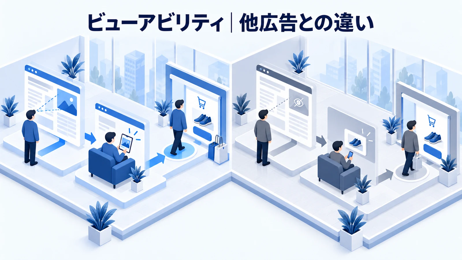 ビューアビリティとリターゲティング・他の広告の違いを解説する青白のアイソメトリック図