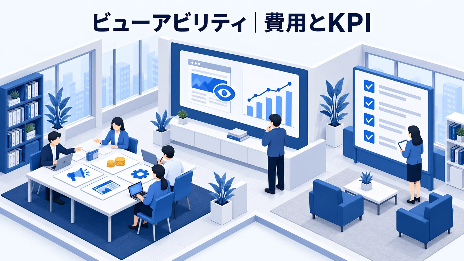 ビューアビリティの費用・導入手順・KPIを解説する青白のアイソメトリック図