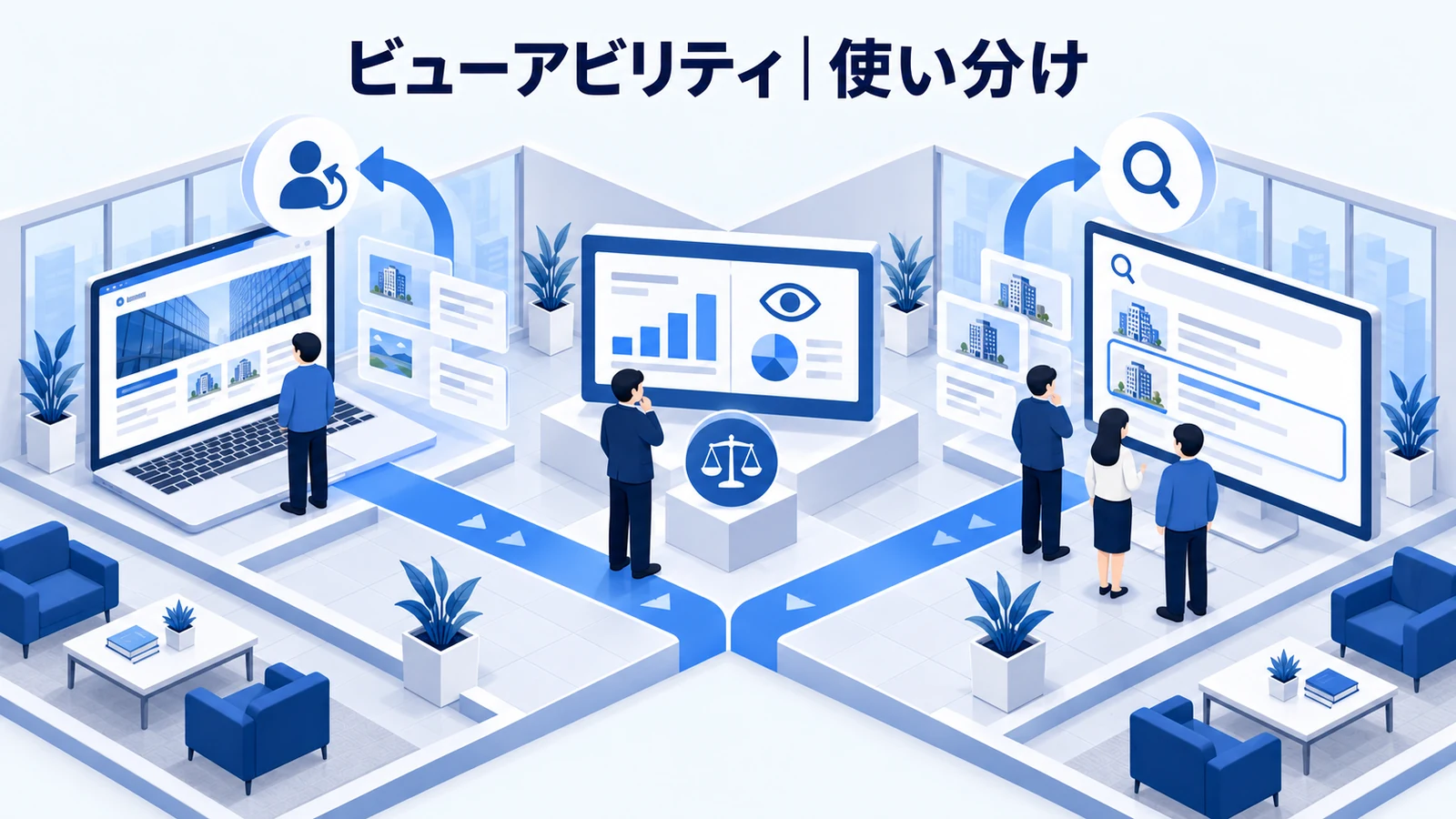 ライバルマーケティング広告との使い分け・FAQを解説する青白のアイソメトリック図