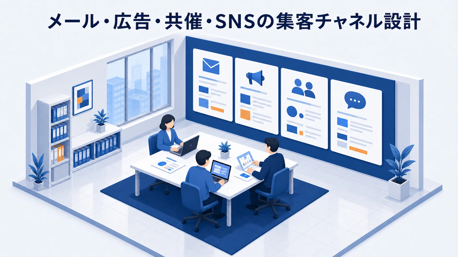 メール・広告・共催・SNSの集客チャネル設計を示すWeb広告運用