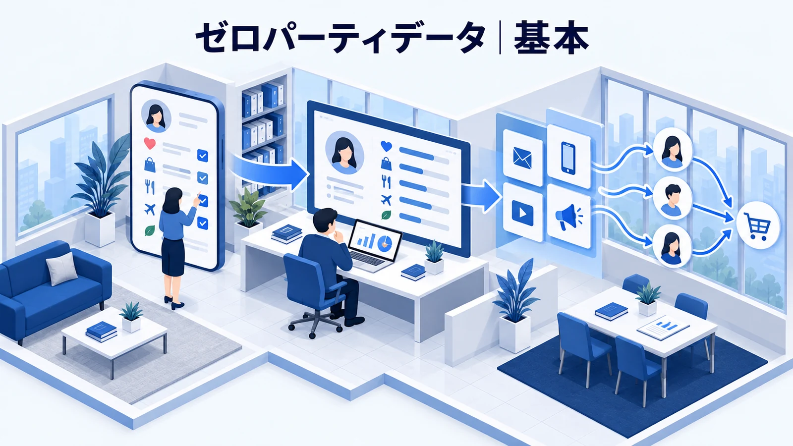 ゼロパーティデータとは?現在の役割を解説する青白のアイソメトリック図