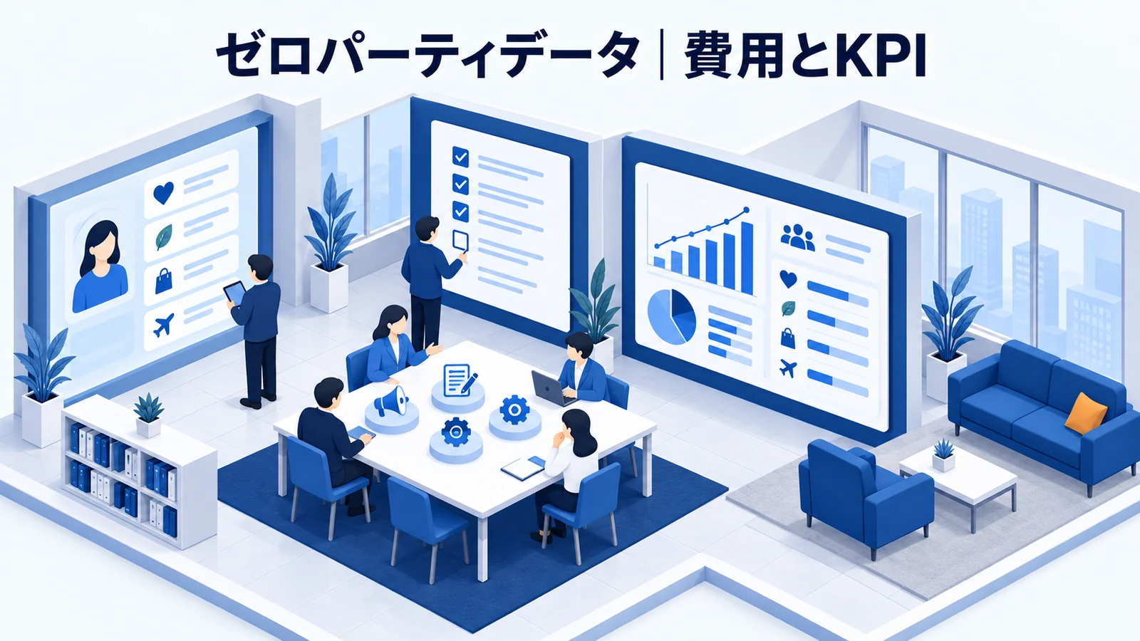 ゼロパーティデータの費用・導入手順・KPIを解説する青白のアイソメトリック図