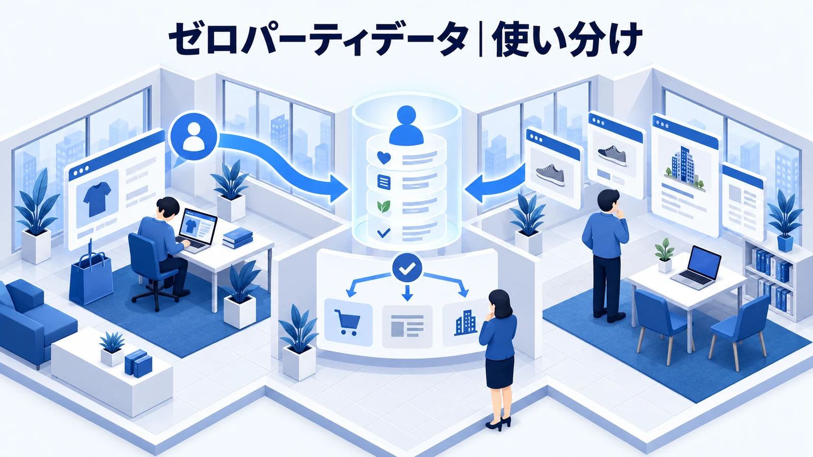 ライバルマーケティング広告との使い分け・FAQを解説する青白のアイソメトリック図