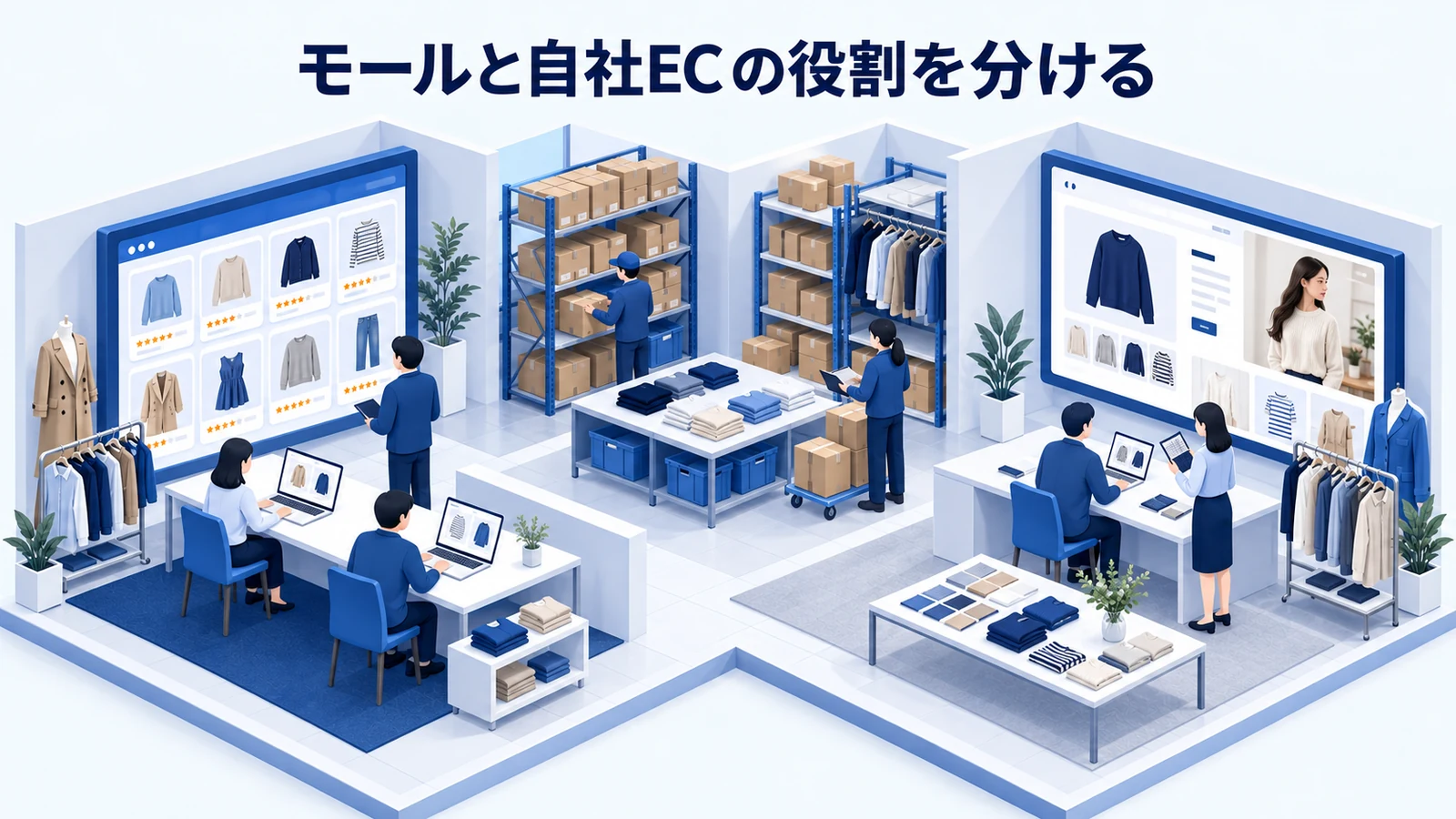 モールと自社ECの役割を分けるを確認するアパレルブランド運営者のImage 2.0図解