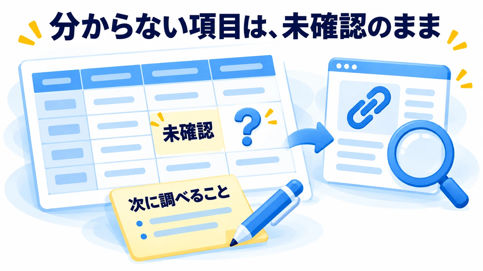 比較表の未確認の項目を残し、出典と次に調べることを確認する考え方