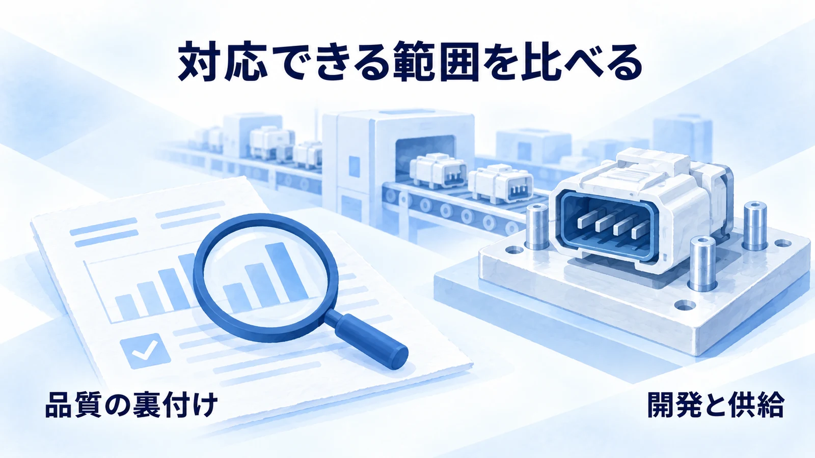 部品の品質確認と開発・量産の対応範囲を重ねて示す図
