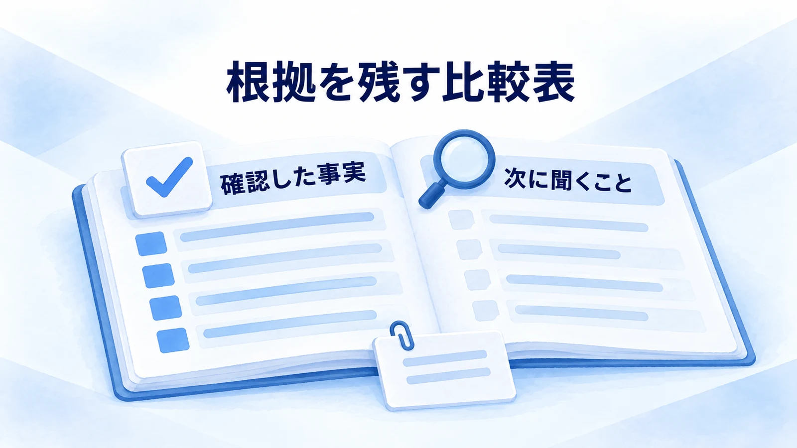 比較表に確認済みの根拠と未確認の条件を分けて記入する図