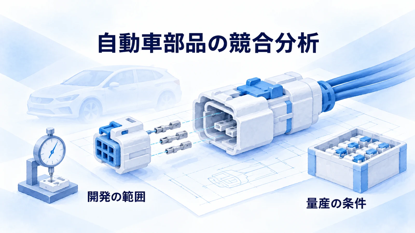 自動車部品の図面とコネクターを中心に、開発から量産までの比較範囲を示す図