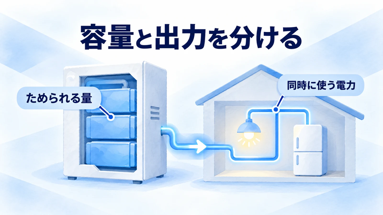 蓄電容量と停電時出力を別の指標として確かめる図