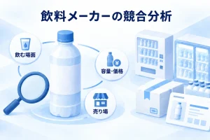 飲料メーカーの競合分析を、飲む場面・容量価格・売り場で整理する図