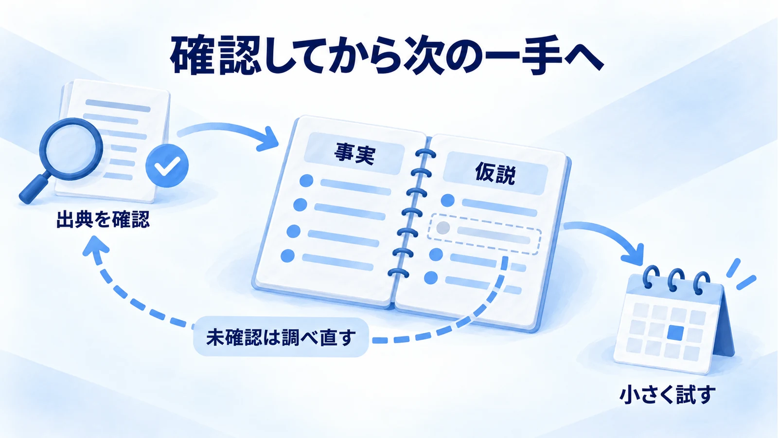 出典を確認して事実と仮説を分け、未確認を調べ直して小さく試す図